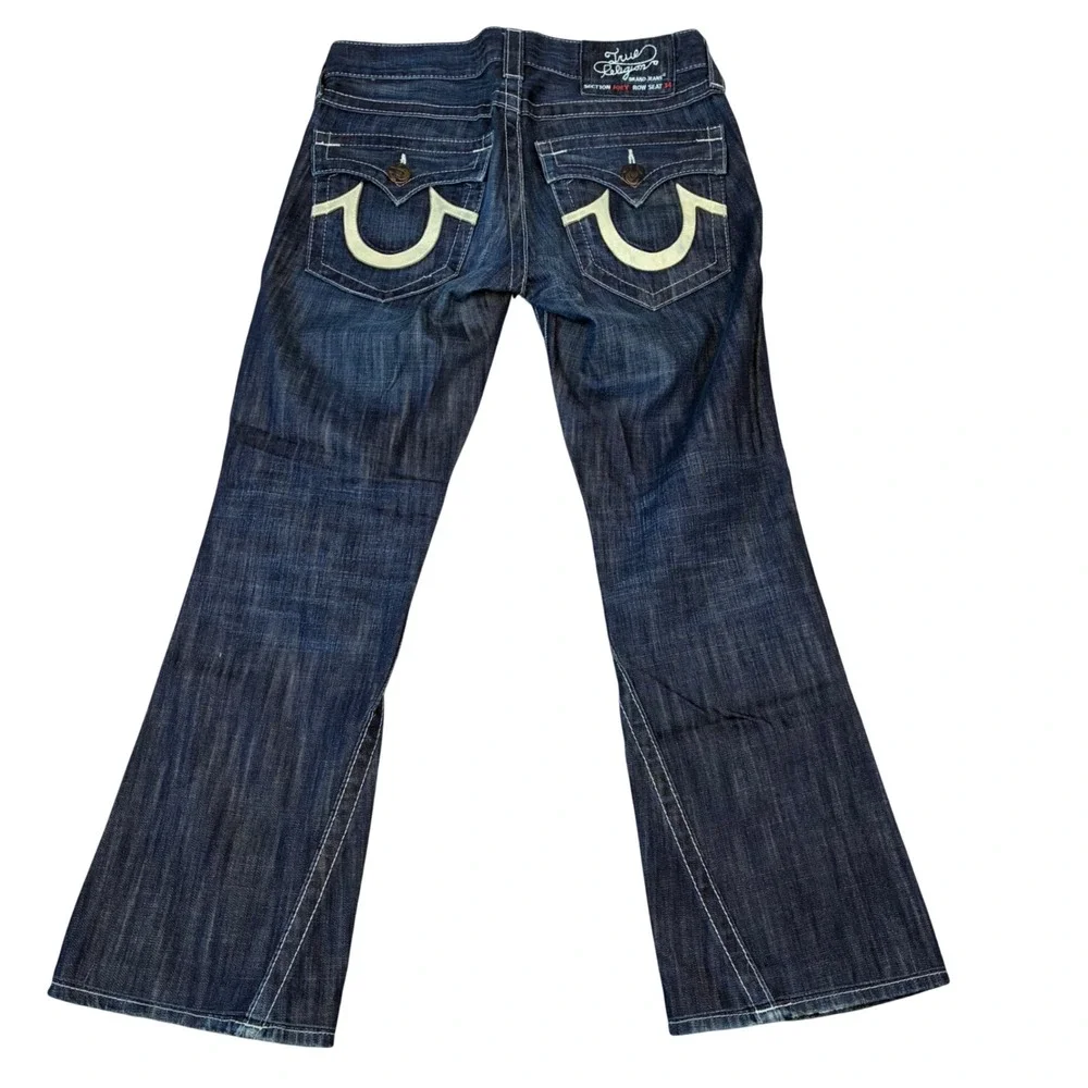 True Religion Joey Jeans Mens 32x30 Dark Wash Flare Twisted Seam Horseshoe Logo